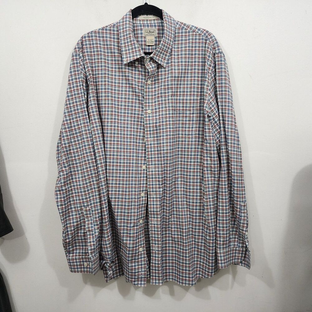 L.L.Bean Mens Wrinkle-Free Kennebunk Sport Shirt Traditional Fit White Check XLT